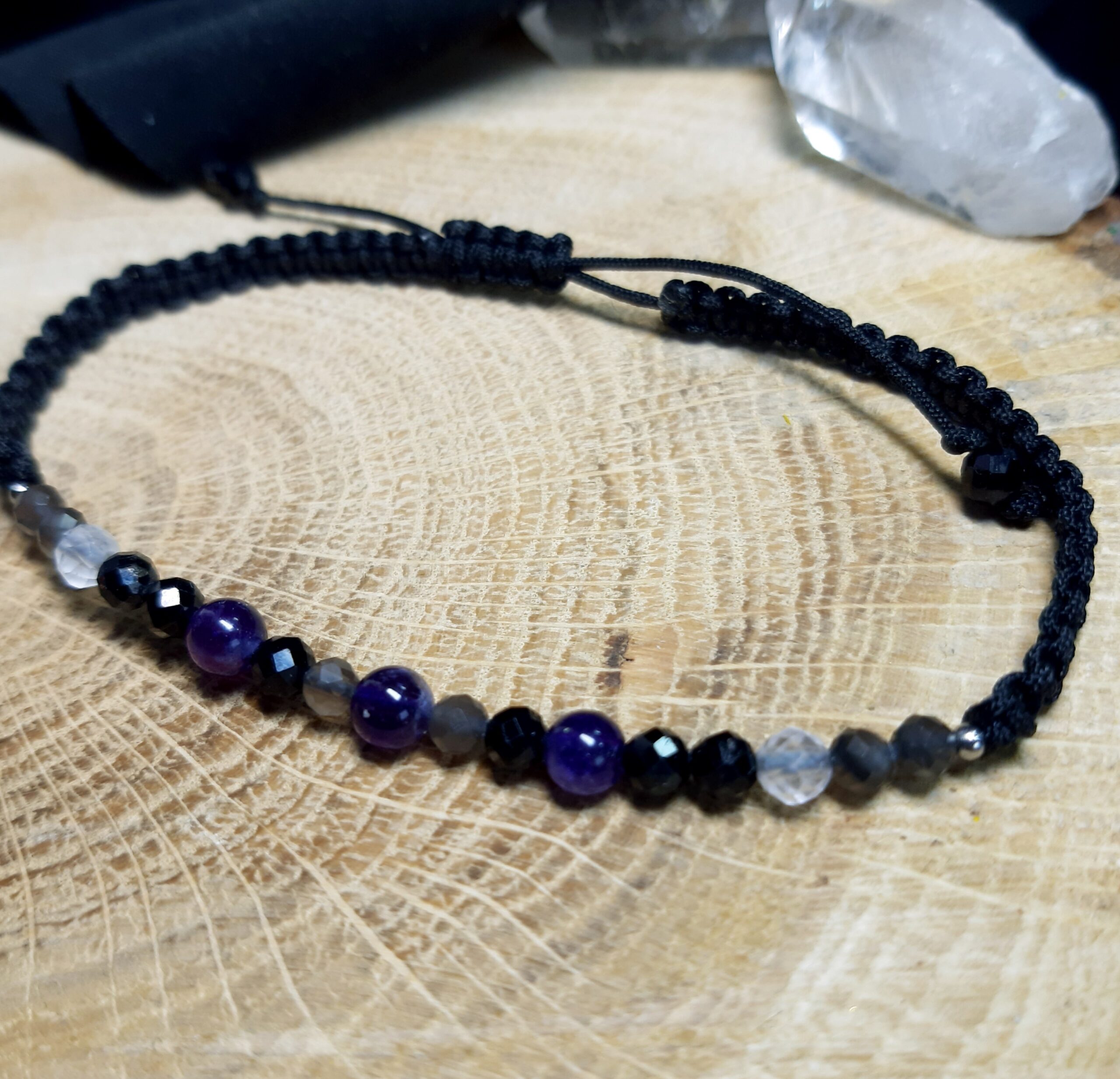 Bransoletka Ochronna, Wewnętrzna Siła, Amulet, ametyst, krysztal górski, turmalin, kwarc dymny.