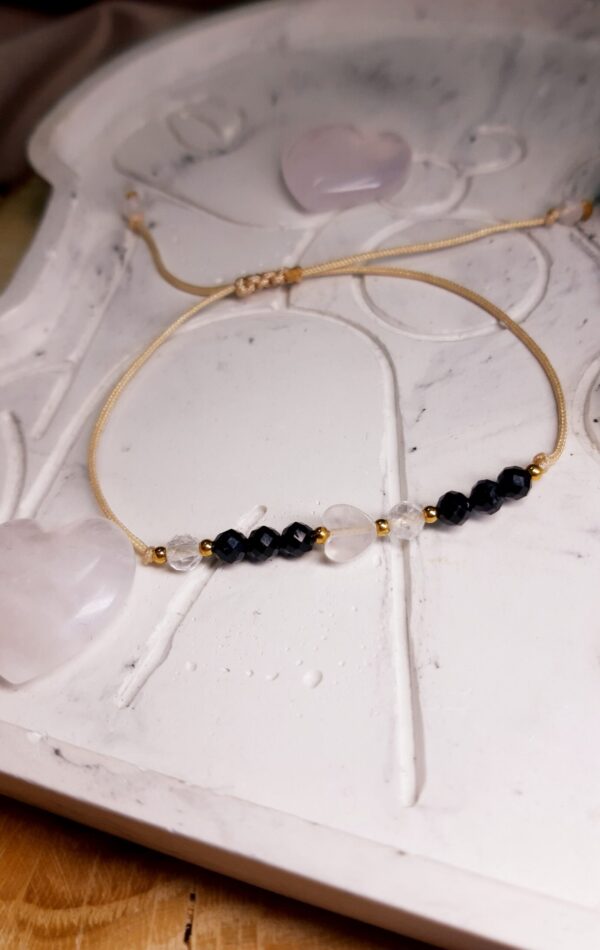 Bransoletka Harmonii i Ochrony, Talizman, kwarc różowy, turmalin, kryształ górski.