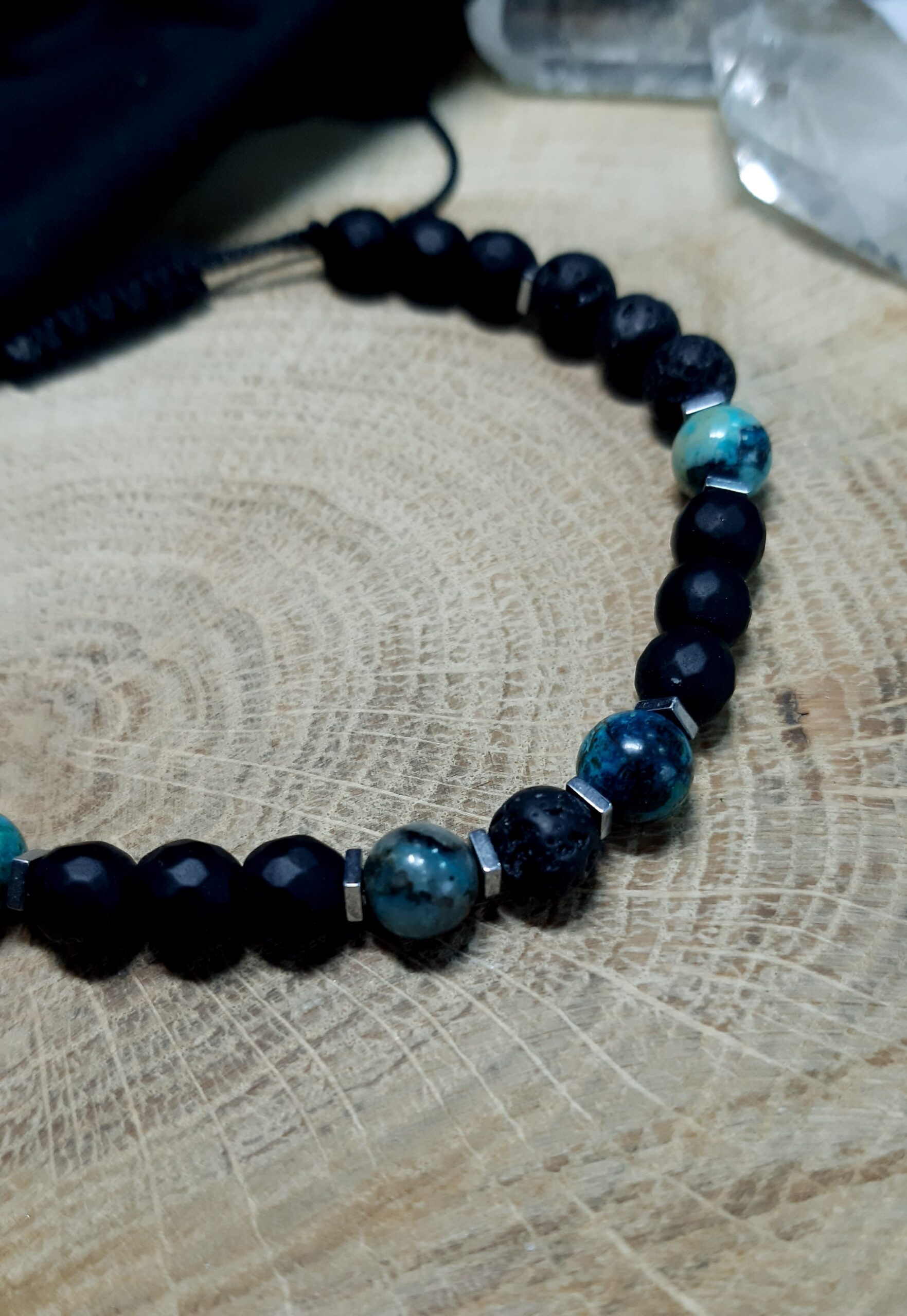 Męska Bransoletka Spokoju i Ochrony, Chryzokola, Lawa Wulkaniczna, hematyt, Onyks Czarny - obrazek 1